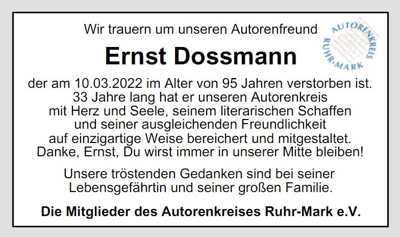 Ernst Dossmann - Traueranzeige Autorenkreis